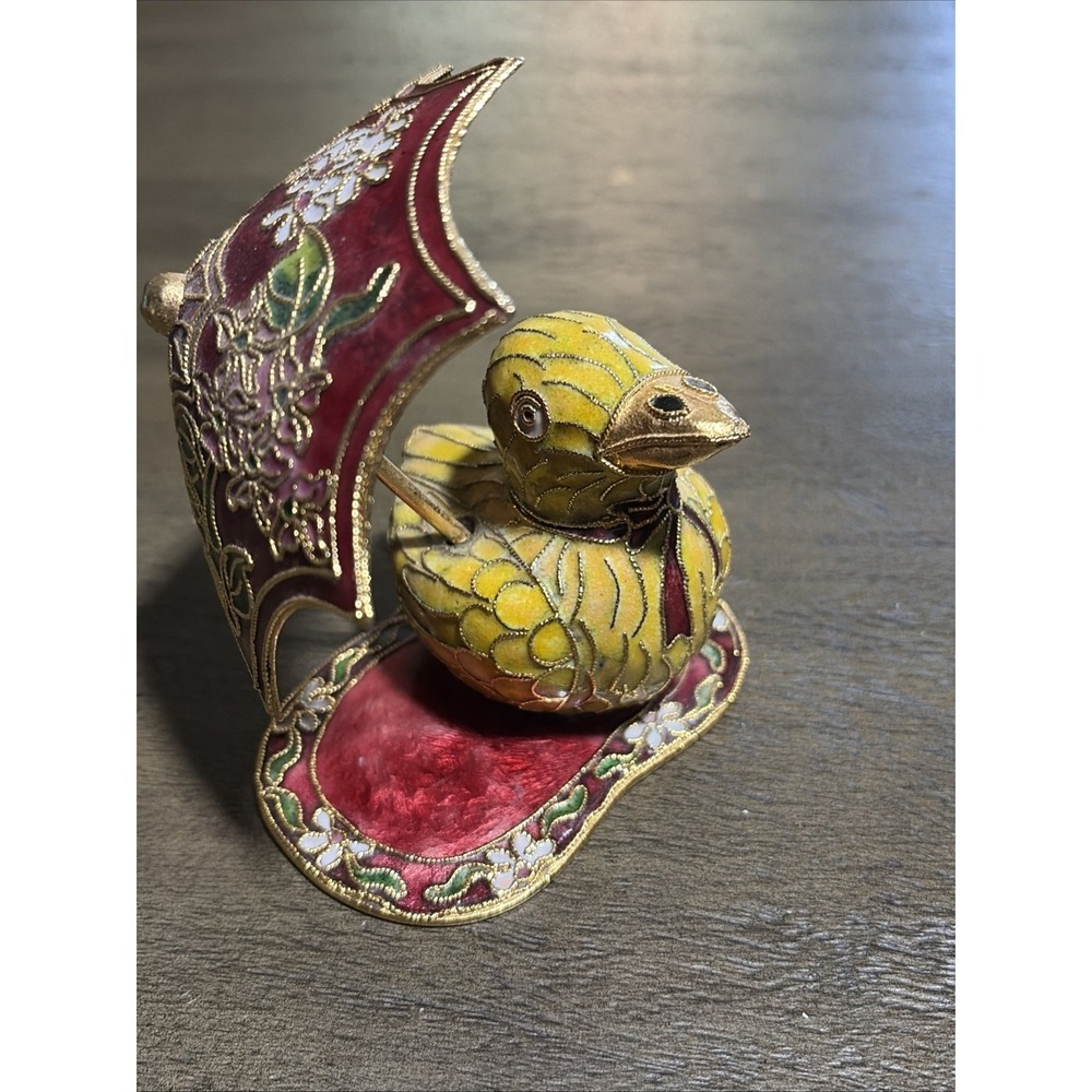 Vtg Chinese Cloisonné Enamel Duck Figurine With Umbrella Floral Details 5"